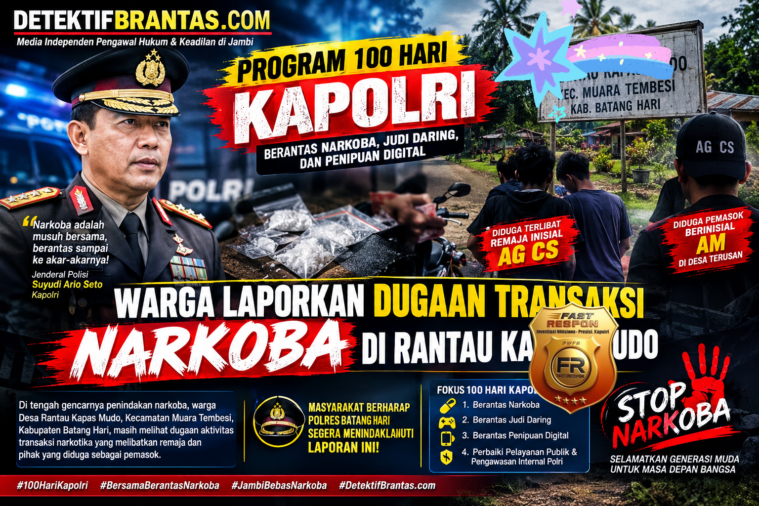 Program 100 Hari Kapolri Jadi Sorotan, Warga Laporkan Dugaan Transaksi Narkoba di wilayah Muara Tembesi